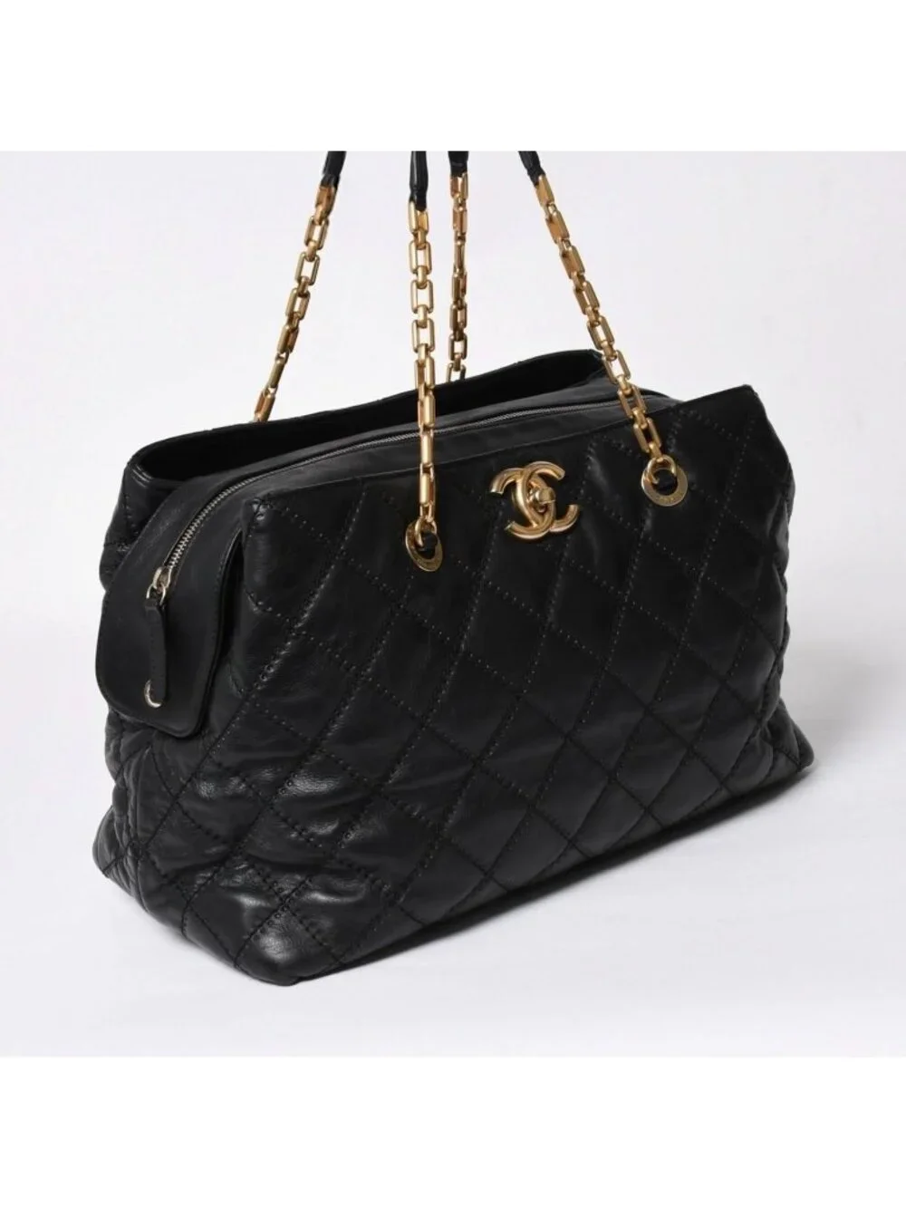 Chanel Chain Tote Bag CC Logo Quilted Leather Black Gold